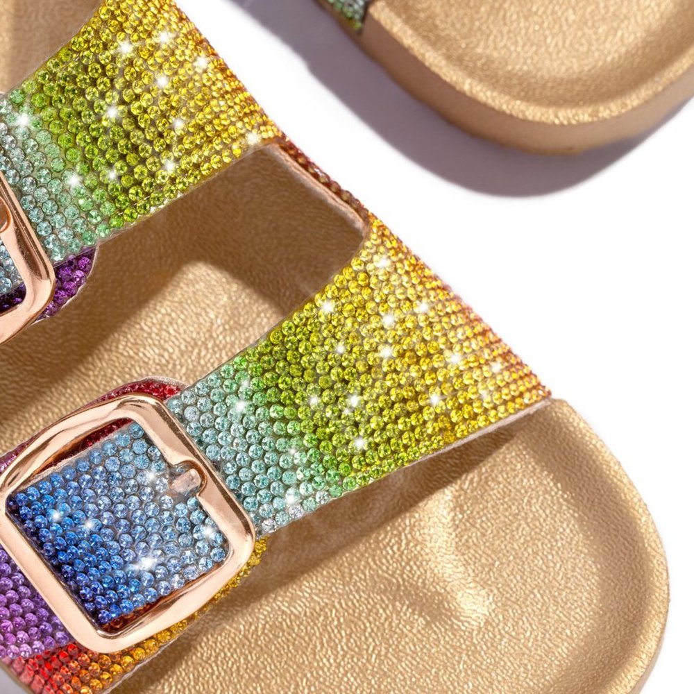 NEWπ₯ Comfy Bling Rainbow Rhinestone Buckle Slide Flat Sandals Open Toe Size 10 - Picture 5 of 6